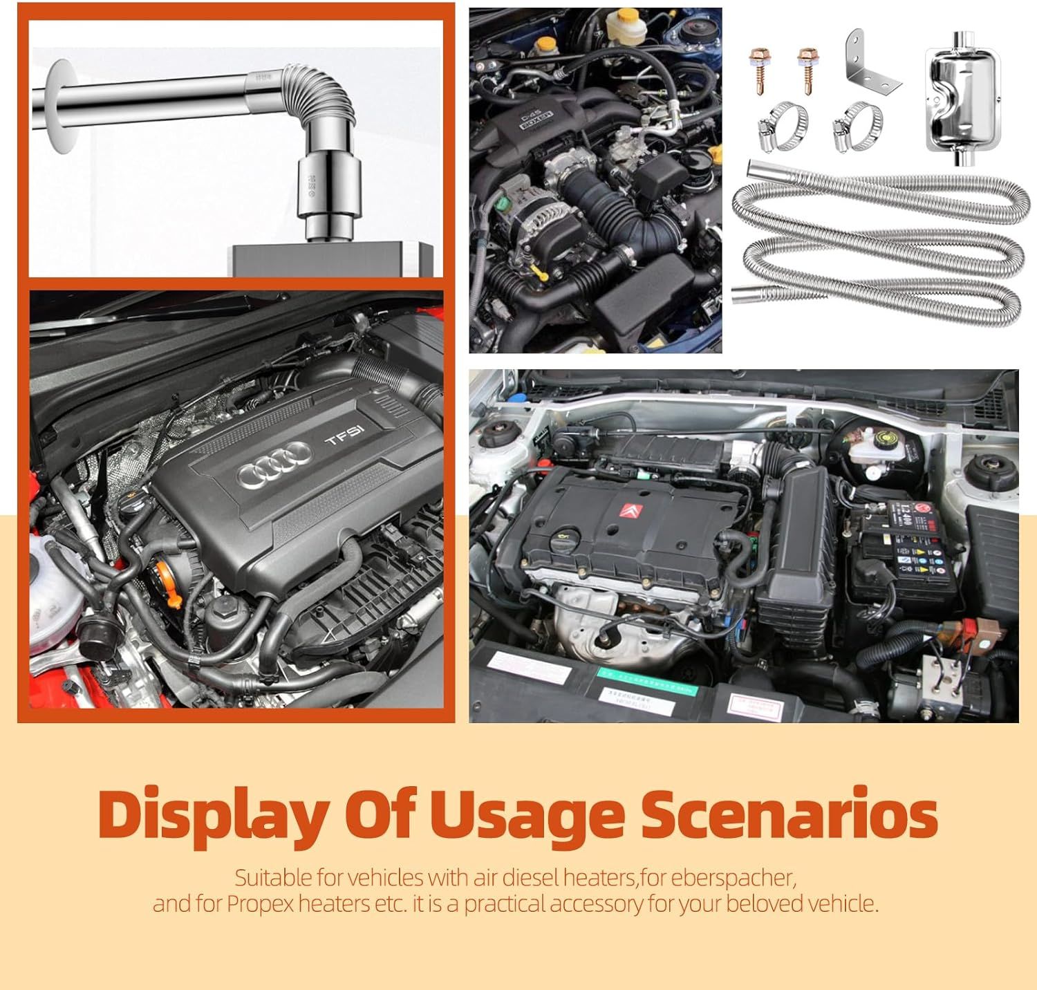 Tanstic 8Pcs Stainless Steel Diesel Heater Exhaust Pipe, Parking Air Heater Exhaust Pipe, Fuel Tank Diesel Gas Vent Hose with Muffler and Clamps (300Cm/118 Inch) image number 1