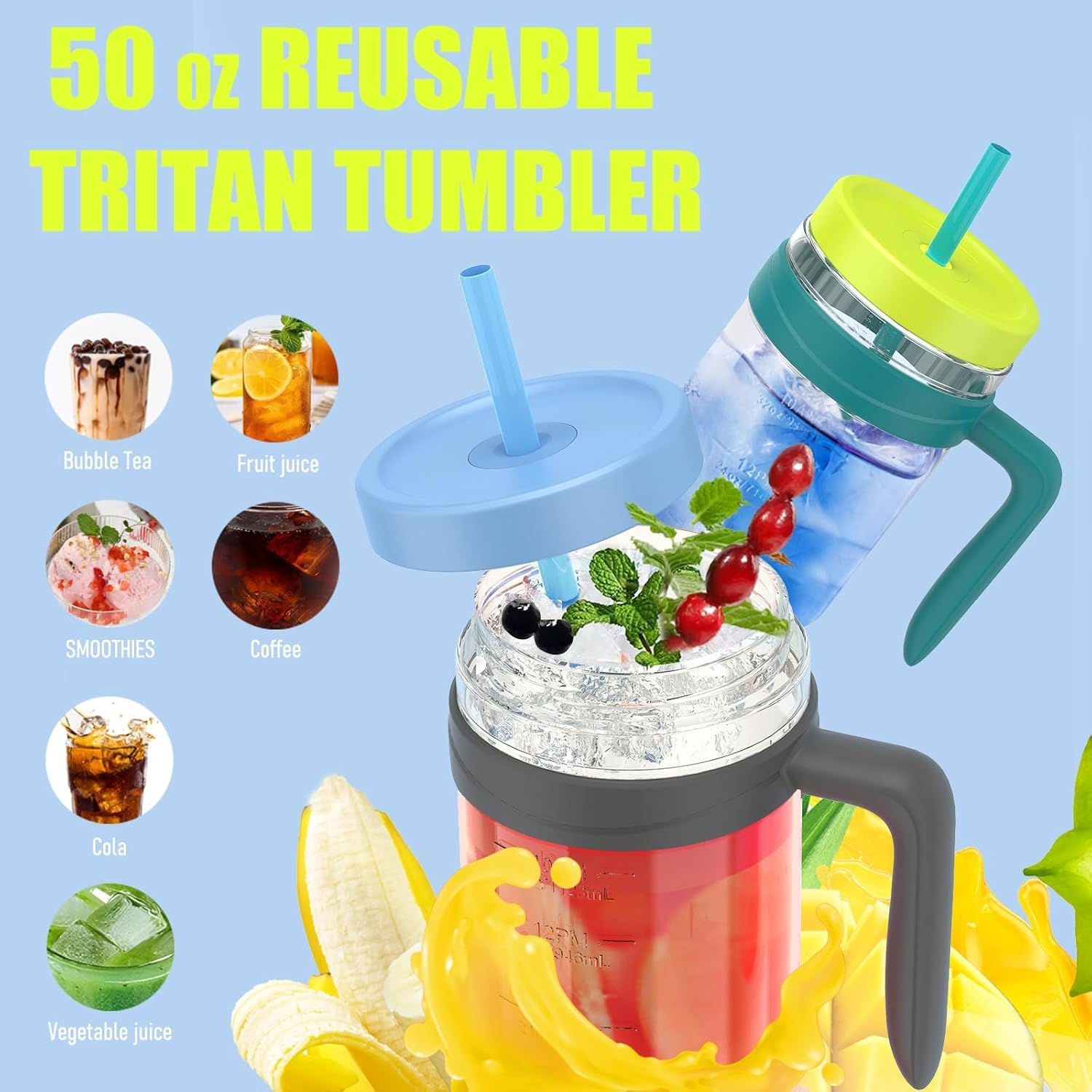 Tronco 50Oz Tritan Plastic Tumbler with Lid & Straw &ndash; Bpa-Free, Clear Water Bottle with Time Markers &ndash; 100% Leak-Proof, Wide Mouth &ndash; Perfect for Iced Coffee, Juice, Smoothies & Bubble Tea image number 6