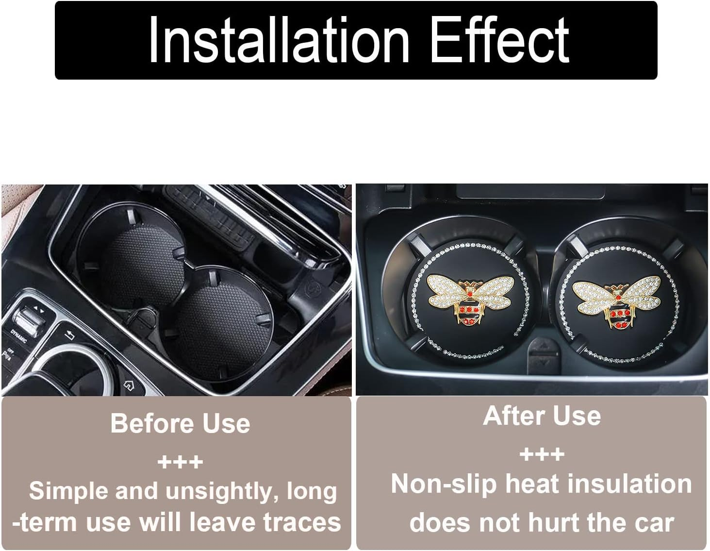 Bling Cup Holder Insert Coaster- 2.95 Inch Silicone Anti-Slip Shockproof, Universal Fashion Car Interior Accessories for Women (Bee, 2 PCS) image number 5