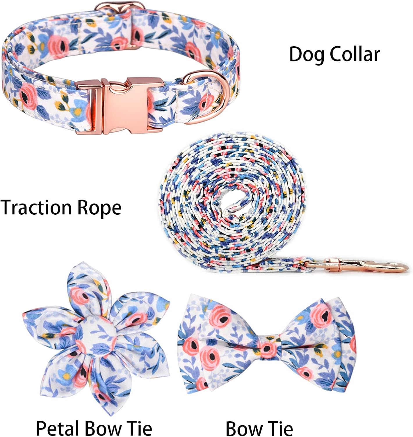 Dog Collar with Flower and Bow Tie，Adjustable Metal Buckle Floral Pattern Dog Collar for Girl Dog Boy Dog Small Medium Large Dog (L-Neck 14.9-23.6", Width 1", Blue) image number 6