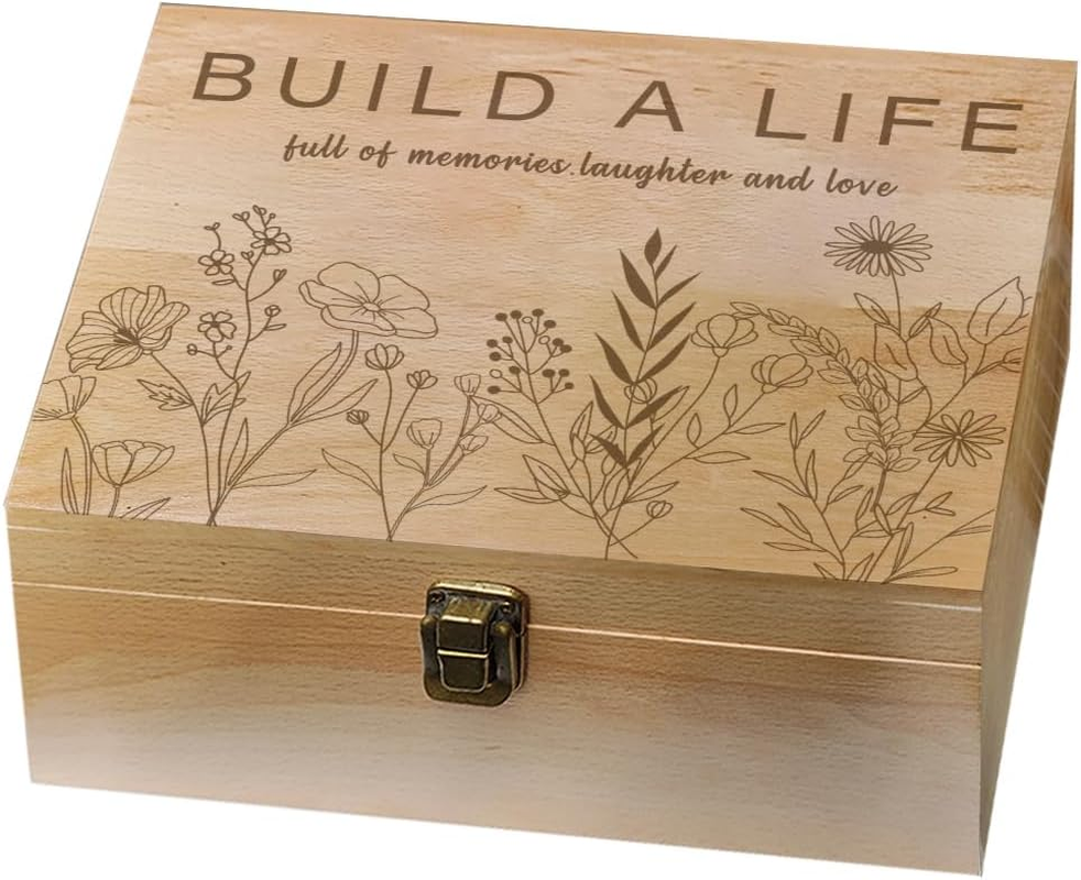 Arricraft 1 Pc Wood Memory Keepsake Box, Line Wildflowers Build a Life Memory Box with Hinged Lids Laughter Love Keepsake Chest for Halloween Gifts Christmas Picture Letter Storage 24.5X19.5X10.3Cm image number 6