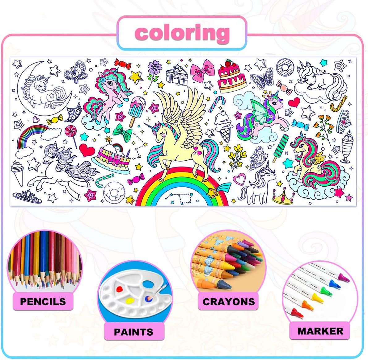 JUNQIU Unicorn Coloring Table Cloth for Kids, 72 * 31Inch Giant Coloring Poster for Unicorn Birthday Decorations/Party Games/Birthday Activities/Crafts/Coloring Paper Roll - Dinosaur image number 2