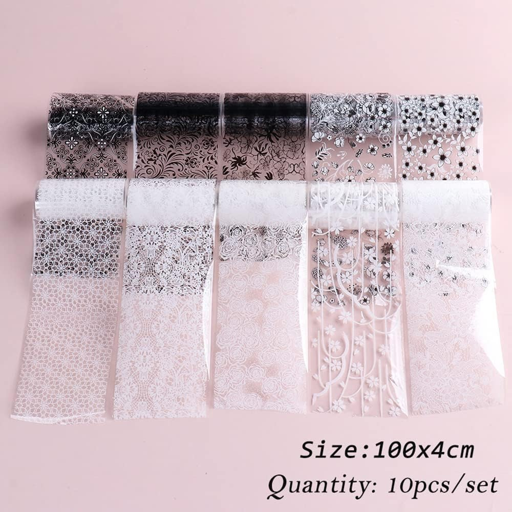 Lace Nail Art Foil Transfer Stickers Black White Flower Foil Transfers Decals Nail Supplies Starry Sky Lace Flowers Nail Foils Nail Art Adhesive Transfer Foils Sticker for Women Girls Manicure Tips image number 1