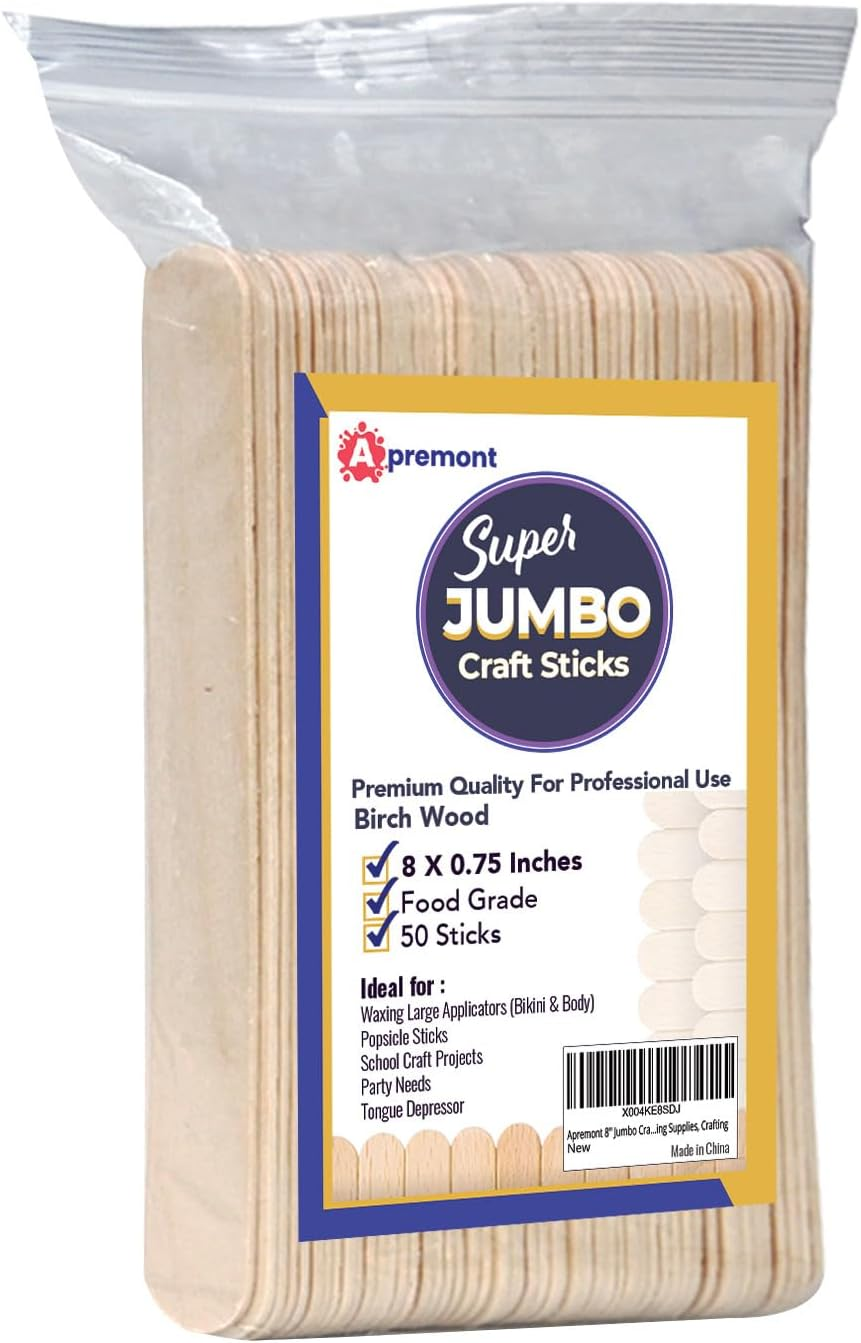 50 Piece 8" Super Large Jumbo Wooden Craft Sticks (8" X 1"), Premium Natural Organic Wood for Waxing, Craft Project, Tongue Depressor, Popsicle, Ice Cream Stick,Woodcraft, Paint Stirrer and Art - Apremont (50, 8 Inches) image number 1