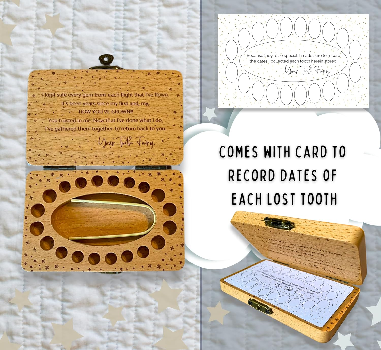 Tooth Fairy Keepsake Box for Girls & Boys, Tooth Fairy Box for 20 Baby Teeth, Wooden Tooth Storage & Saver Box for Lost Teeth, Tooth Fairy Gifts for Birthday (Natural Beech) image number 5