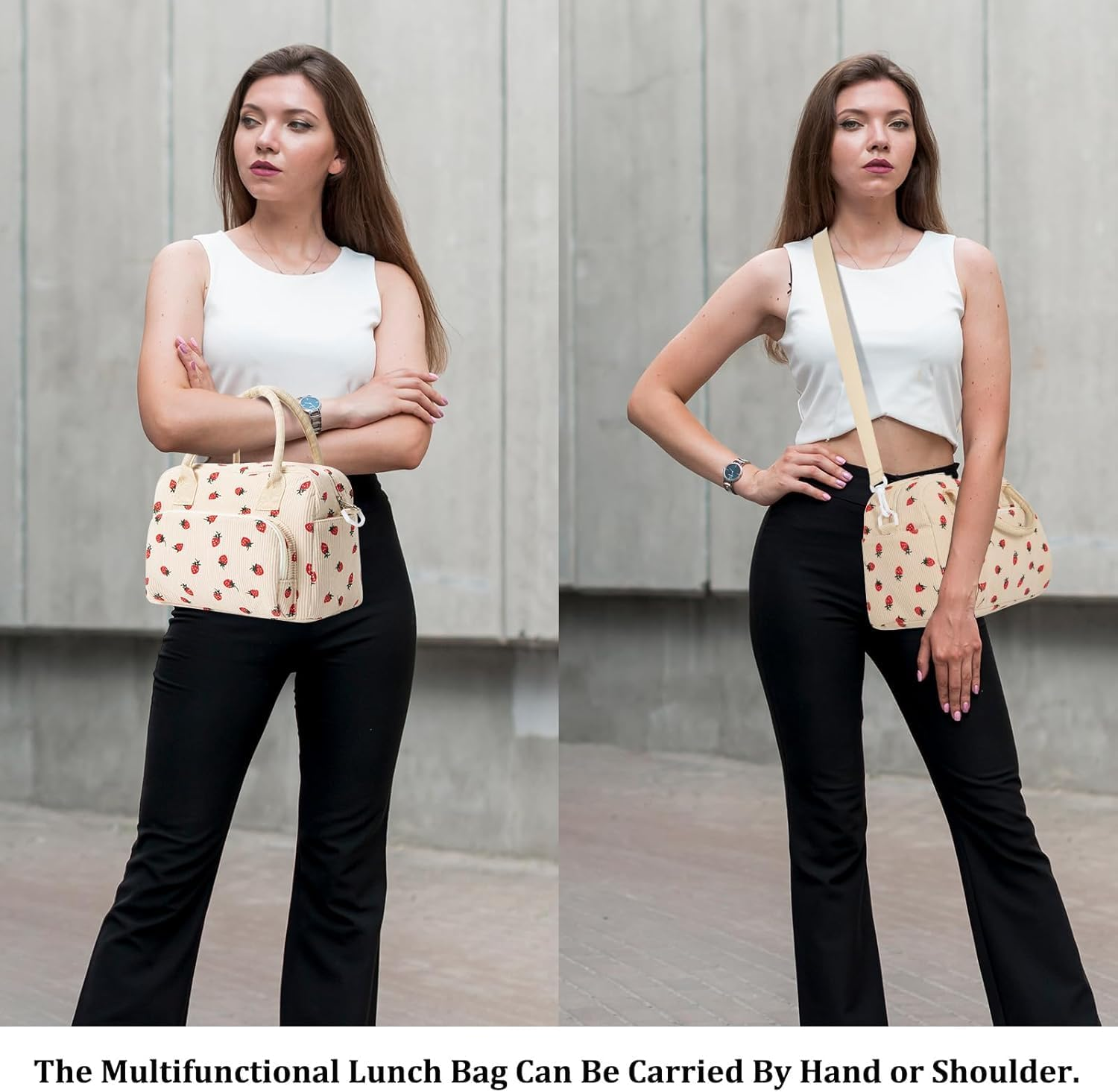 Insulated Lunch Bag for Women with Strawberry Print, Large Reusable Lunch Box Tote with Adjustable Shoulder Strap, Leakproof & Thermal, Work or Picnic Bag