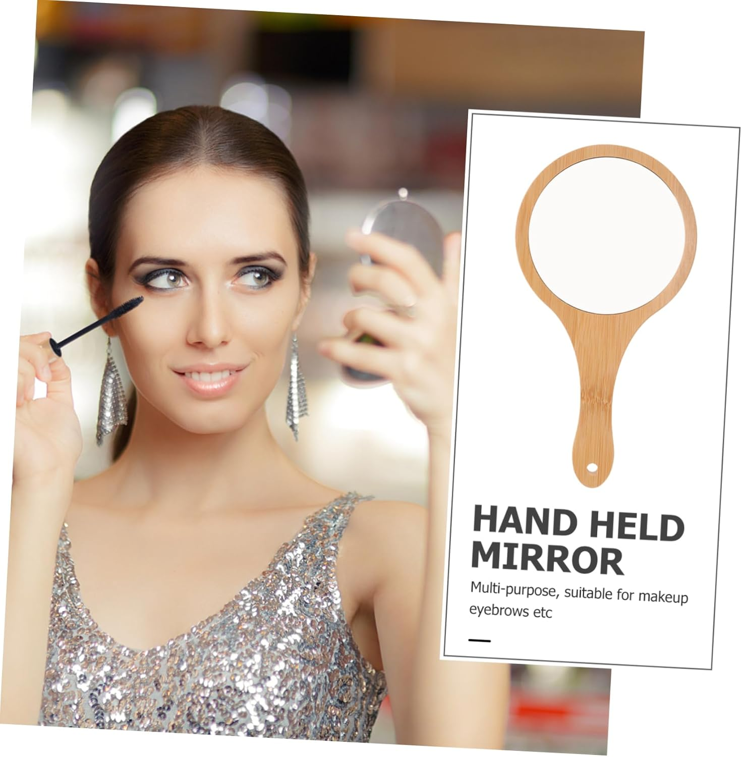 Portable Women Makeup Mirror Handheld Vanity Mirror Bamboo Handle Travel Essential image number 6