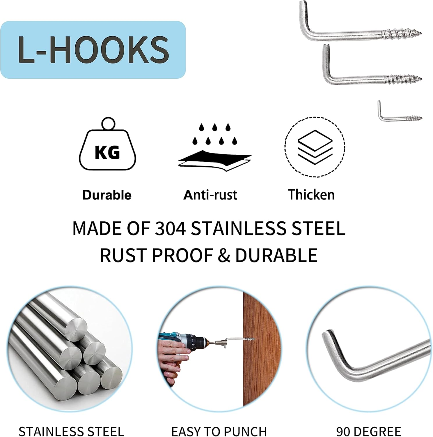 Soimuk 304 Stainless Steel 2 in Screw-In Hooks 50 Pcs, 7 Shapes, Right Angle Medal Hooks, L Shaped Screw Hooks for Hanging image number 3