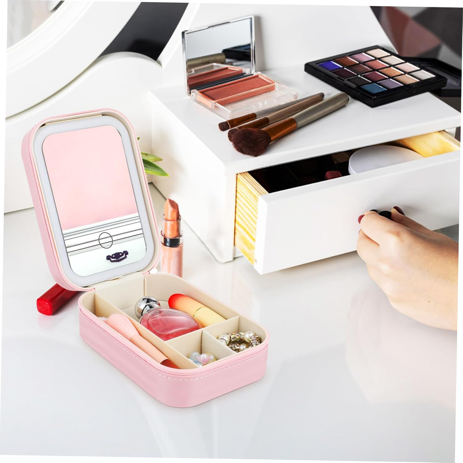 BATHVEVE Lighted Makeup Mirror Cosmetic Organizer Bag with Adjustable Brightness, Small Travel Vanity Case with Led Mirror for Women image number 1
