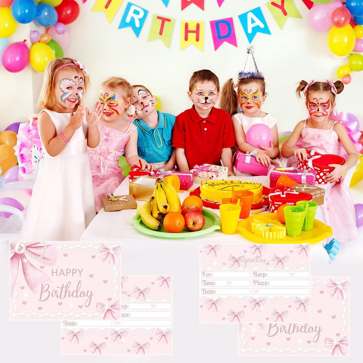 OUSHISS 24Pcs Pink Bow Birthday Party Invitation Cards, Pink Bow Coquette Birthday Party Supplies, Bow Kids Party Decoration Supplies image number 2