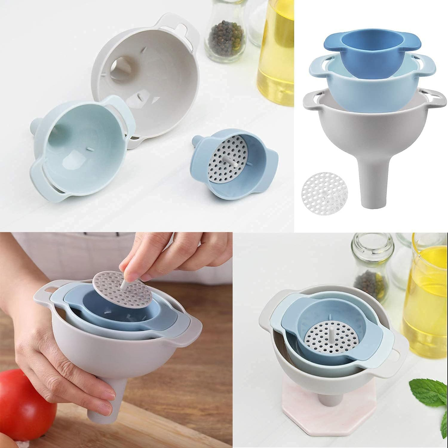 Taicols 4 Pcs Plastic Funnel, Kitchen Funnel with Detachable Strainer Filter, Large Wide Mouth Funnel with Strainer, 4 in 1 Kitchen Funnels for Filling Bottles, Stackable Funnels for Filling Bottles image number 1
