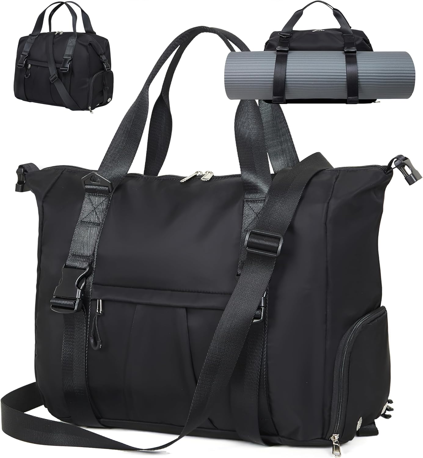 ERTUNA Gym Bag with Yoga Mat Holders, Carry on for Pilates Women & Men with Laptop & Shoe Compartment Large Duffle Travel Weekender Tote with Key Ring Clip Personal Item Workout, Easy to Clean - Black