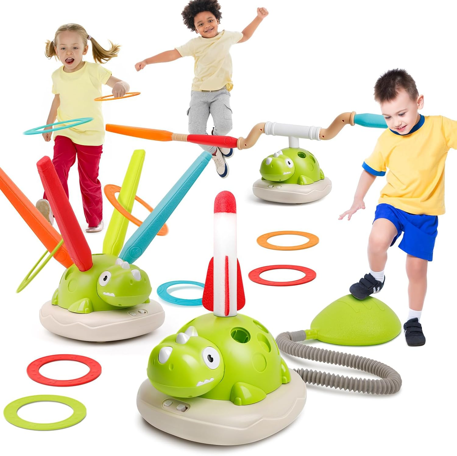 3 in 1 Dinosaur Rocket Launcher Toy &ndash; Musical Jump & Ring Toss Game for Kids