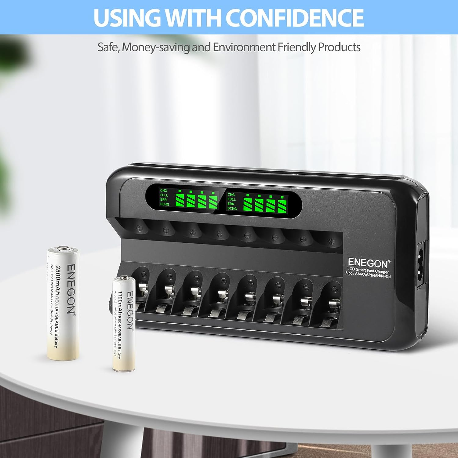 ENEGON AA AAA Battery Charger, Fast Charger with AC Adapter and Intelligent LCD Display, Independent 8 Bay Charger for Ni-Mh Ni-Cd Rechargeable Batteries, Auto Cut-Off When Battery Is Full Charged image number 2