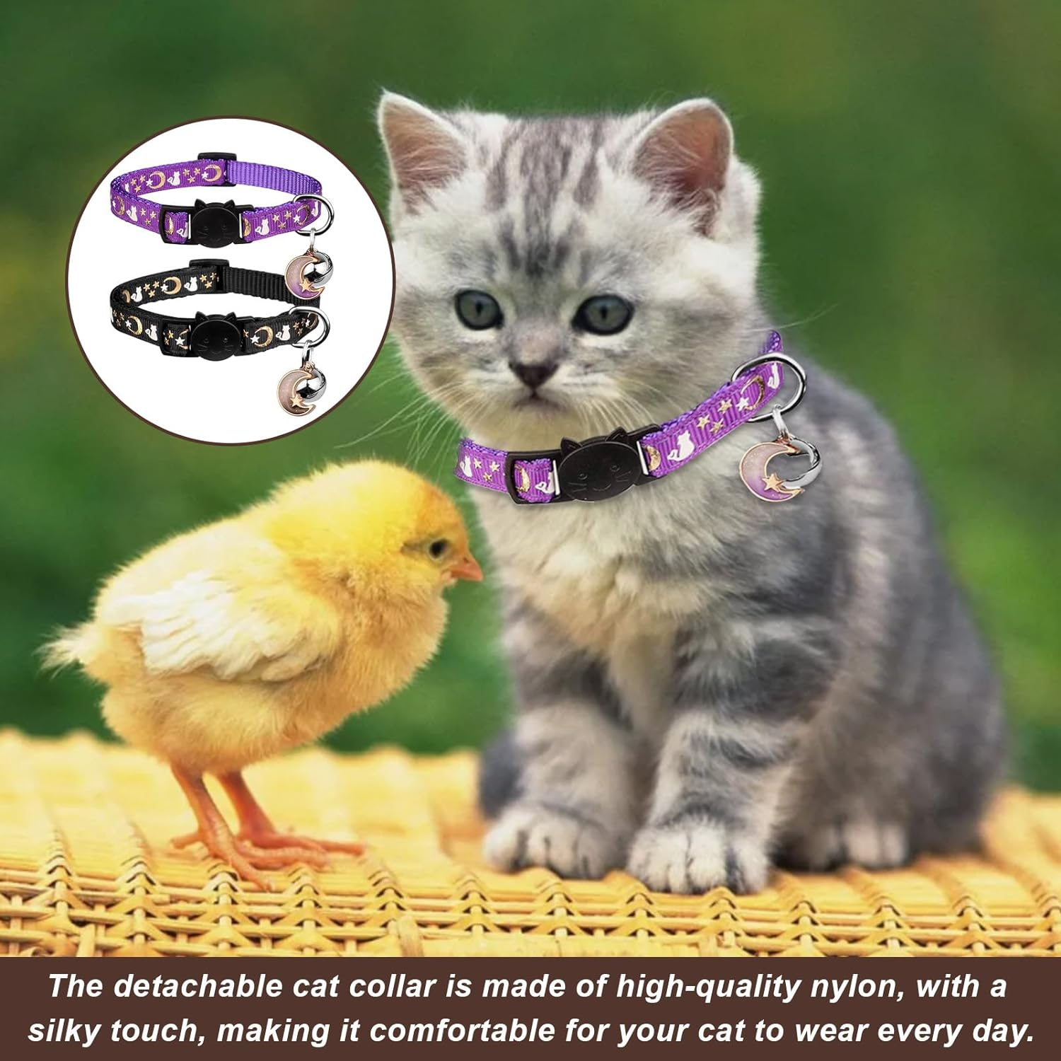 2Pcs Breakaway Cat Collar,Cat Collar with Bell,Cat Collar Airtag,Kitten Collar,Cat Collars,Moons Stars Cute Kitty Adjustable Safe Kitten Collars with Pendant Glow in the Dark(Black&Purple) image number 2