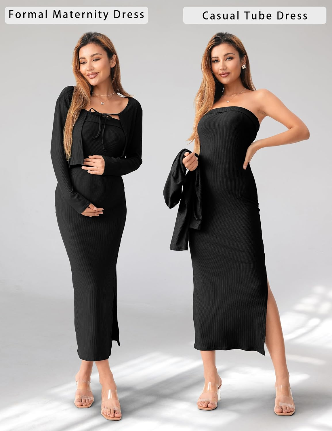 SUNNYBUY Baby Shower Maternity Tube Dress Short Cardigan Bodycon Ribbed Maxi Dress Casual 2 Piece Pregnancy Outfit Set, Black, Xx-Large image number 1