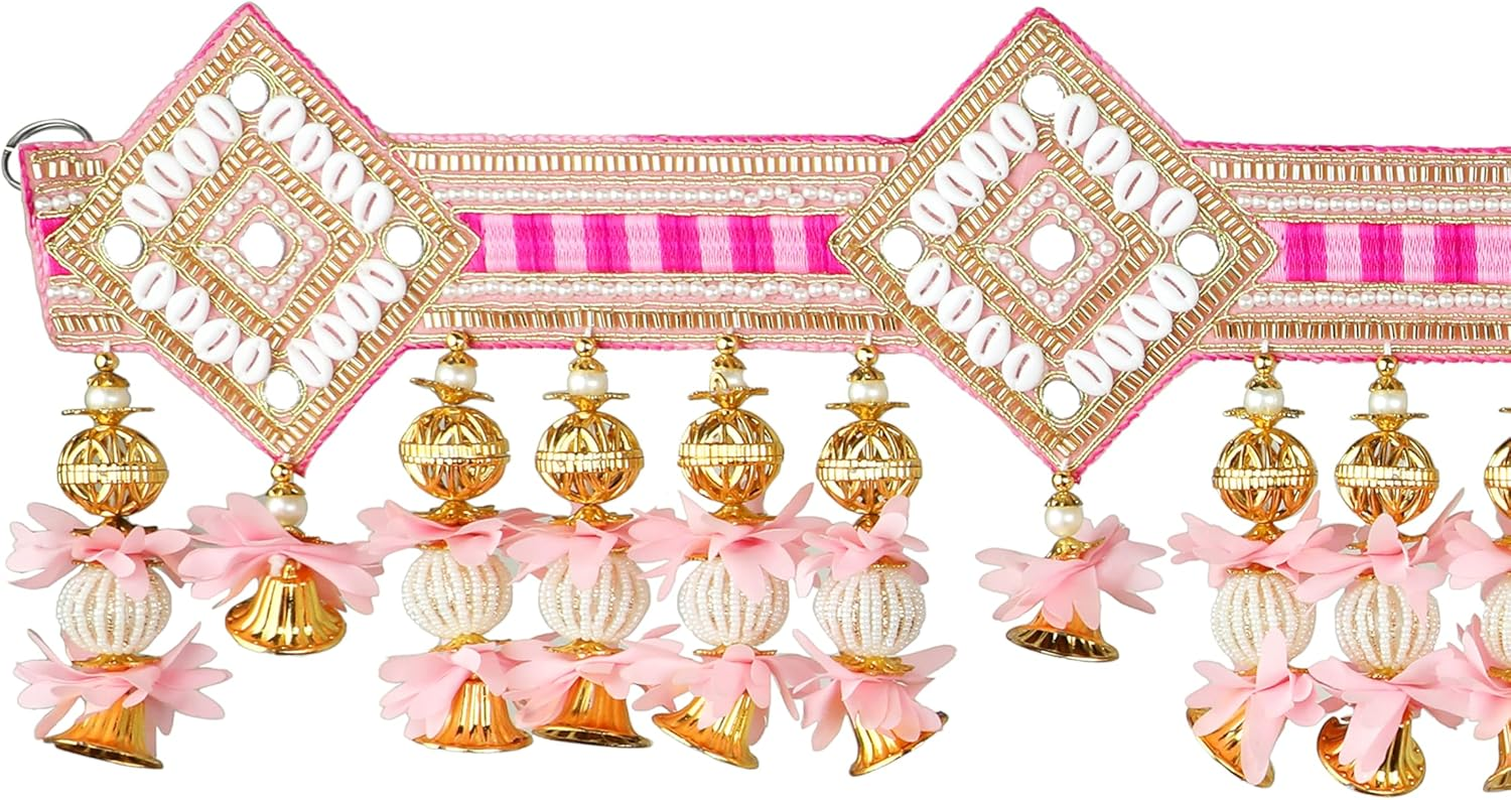 Decorative Toran Door Hanging Artificial Velvet Cloth Bandanwar Beads Wall Toran Wall Hanging for Main Door Entrance Window Home Temple Living Room Valance (Size:-35"X6")(Pink) - Yellow Flower image number 2