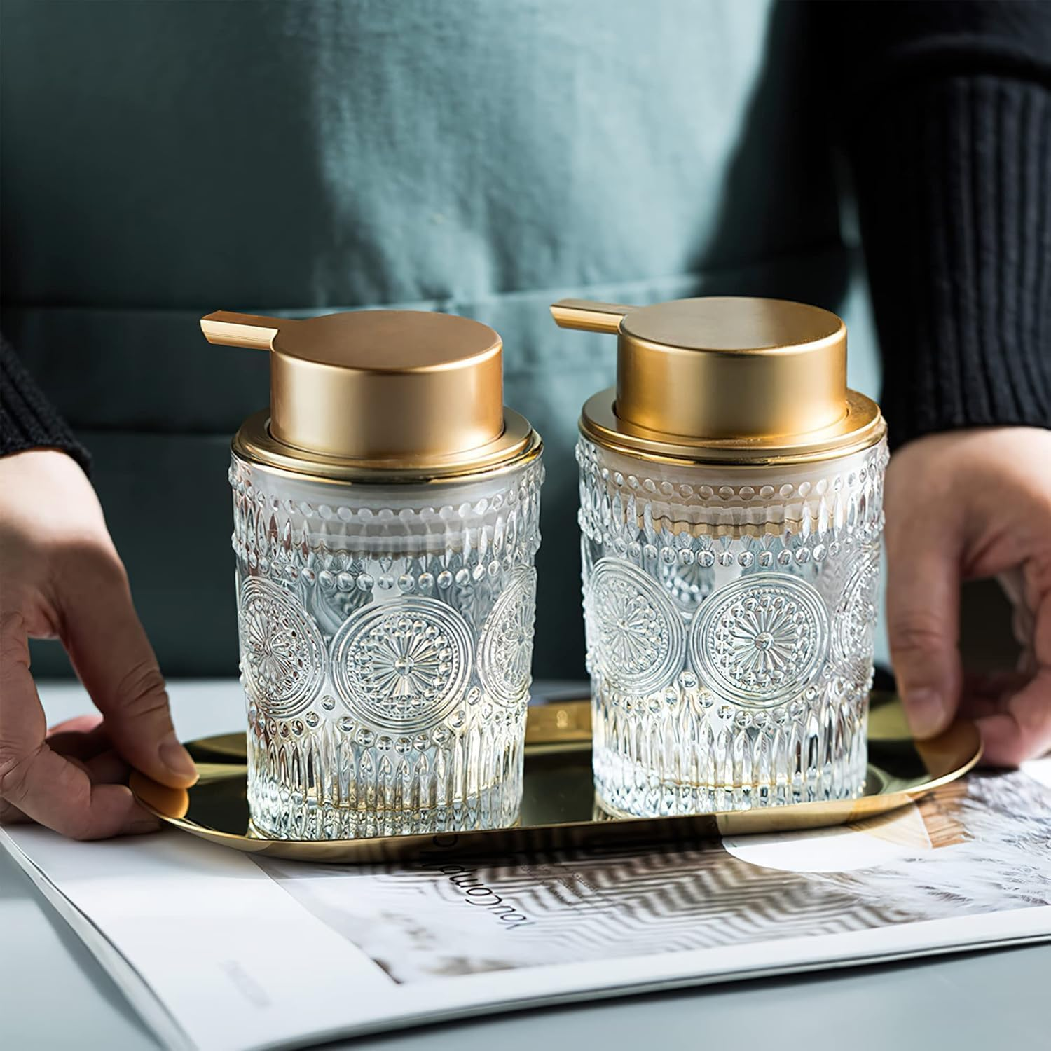 Glass Foam Soap Dispenser, Clear Hand Liquid Bottles with Gold Plastic Pump, Refillable round Foaming Lotion Dispensing for Kitchen Sink & Bathroom Counter image number 2