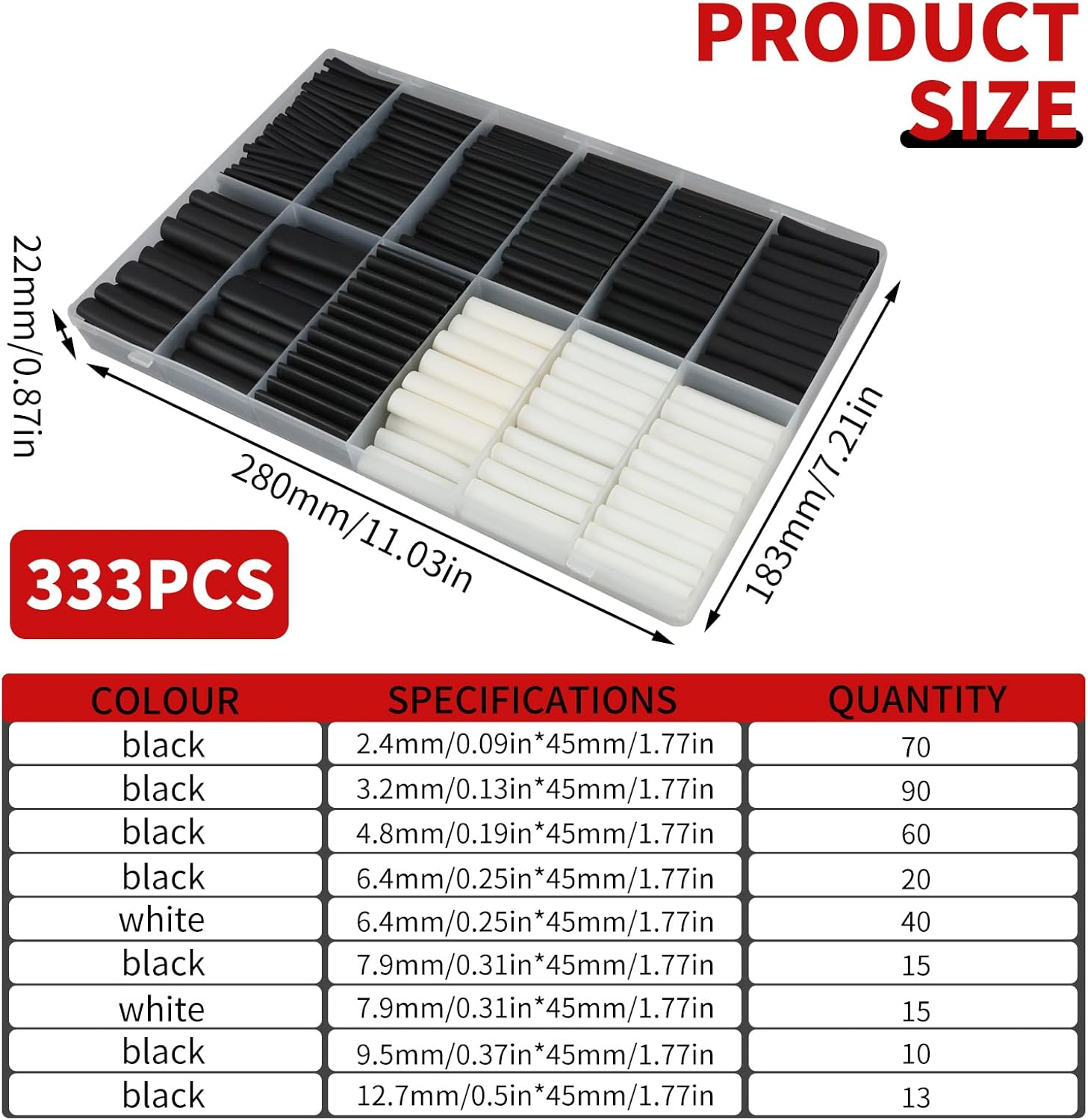 333 Pcs Heat Shrink Tubing Kit, 2:1 High Flexibility Waterproof Insulation Rapid Shrinkage Wire Connectors, Easy Install Fits for Mobile Phone Computer Data Cables (7 Sizes,Black & White) image number 4