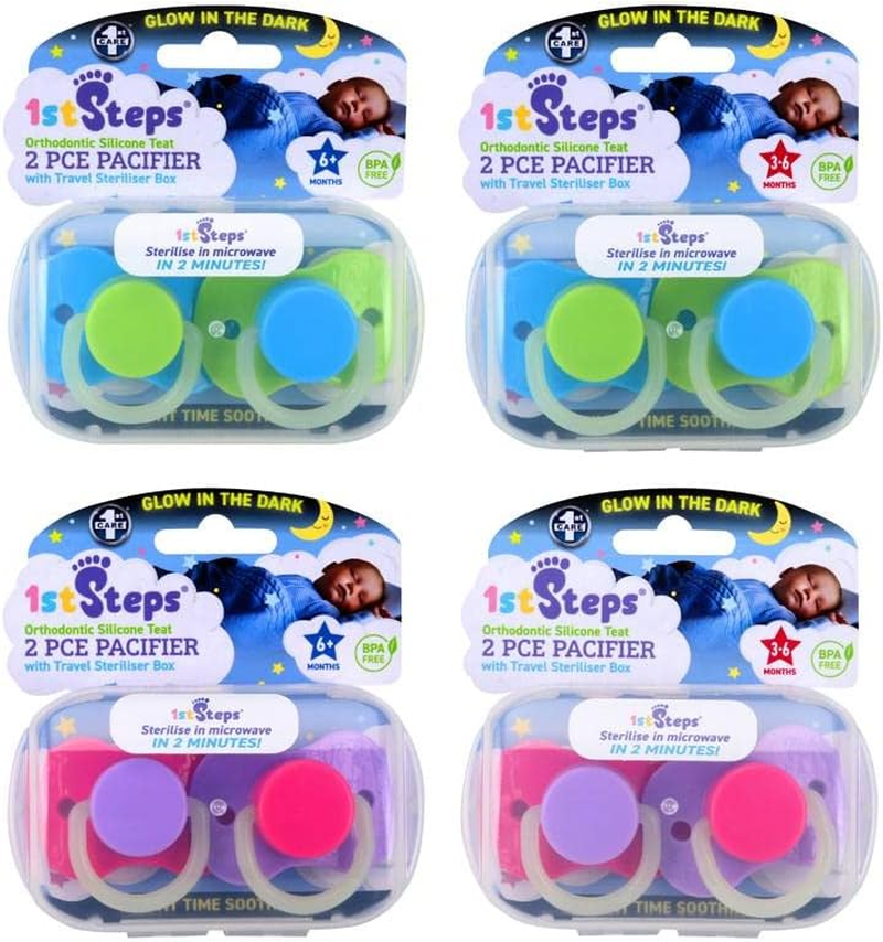 [4PK] 1St Steps Glow in the Dark Orthodontic Pacifiers, Made from Non-Toxic Materials, Dishwasher and Microwave Safe, Easy Grip Handle, Carry Case to Keep Pacifiers Clean and Germ Free, Provide Comfort and Soothe Your Baby