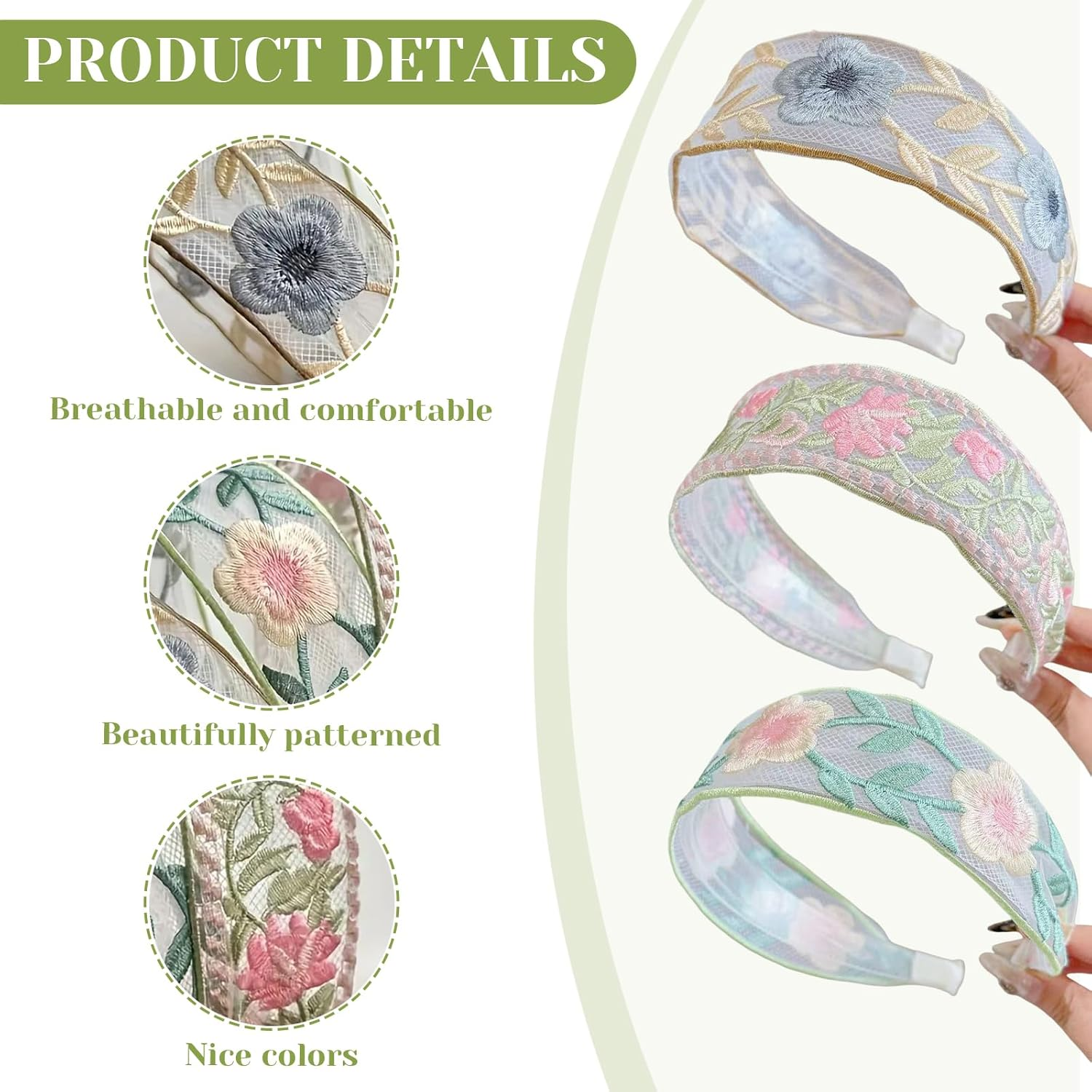 Charmburst Pack of 3 Women'S Hair Bands with Floral Embroidery, Wide Soft Headband for Spring and Summer, Colourful Trendy Headbands for Girls and Women image number 4