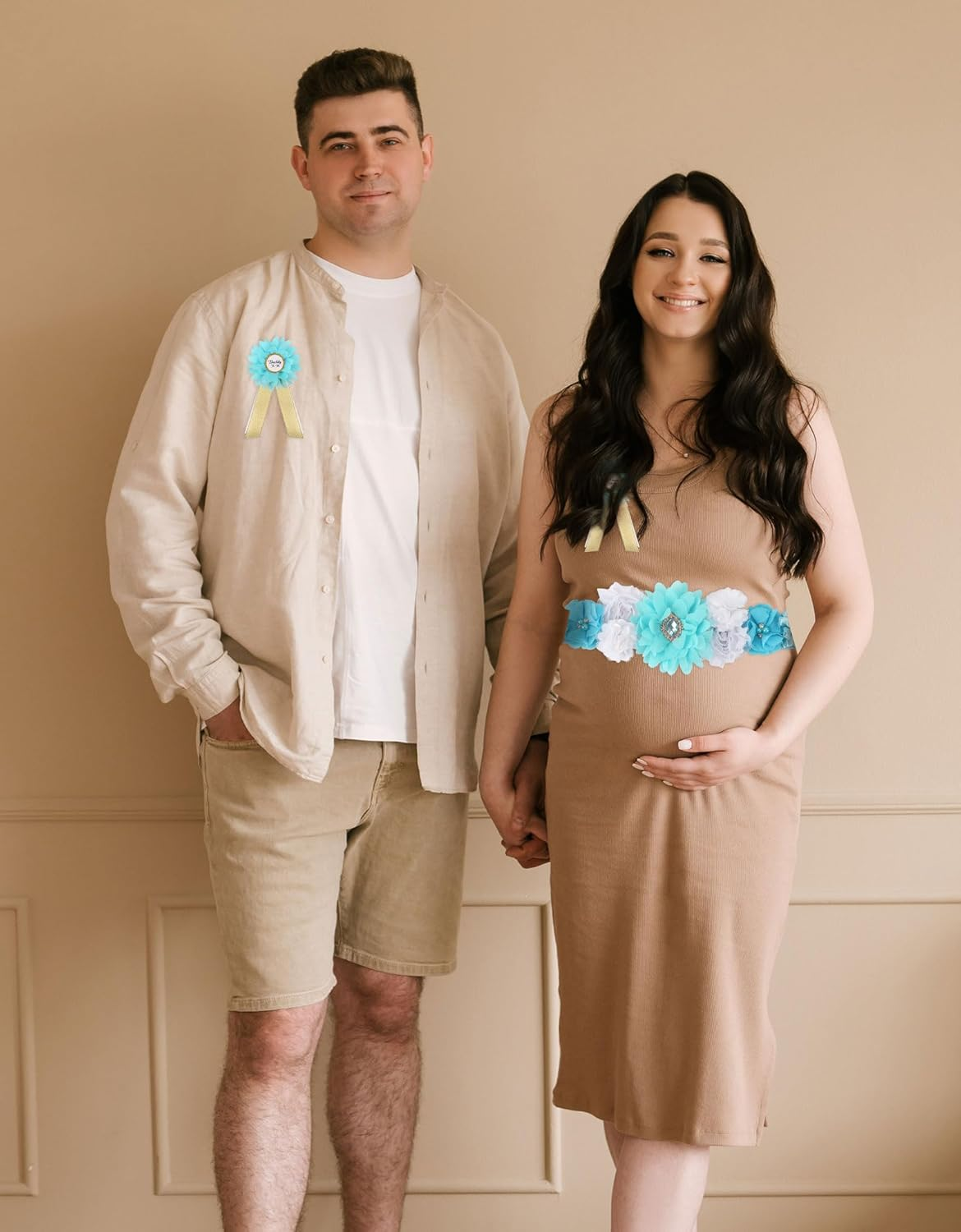 Blue Maternity Sash Corsage Set &ndash; Elegant 3PCS Baby Shower Floral Belly Band with Mommy to Be Daddy to Be Corsages for Gender Reveal and Pregnancy Celebration image number 2