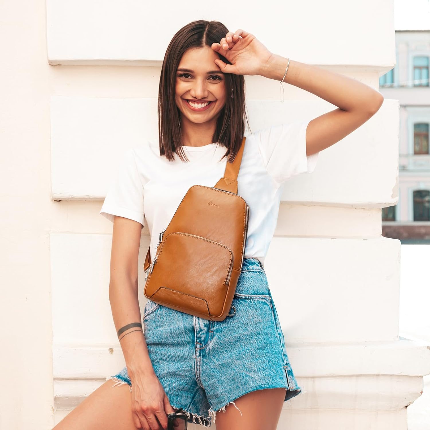 S-ZONE Sling Bag for Women Men RFID Blocking Genuine Leather Crossbody Backpack Sling Purses Fashion Travel Daypack Chest Bags Ladies image number 5