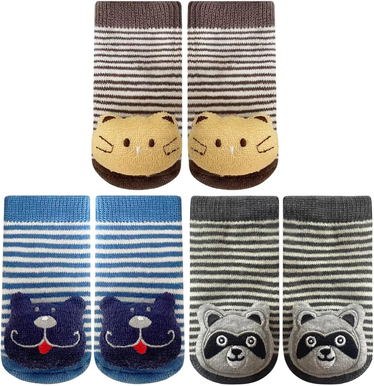 PUPPET Baby Rattle Socks Boys for 0-6 Months 3-Pack Plush Animal Set Cat Bear Raccoon Adorable Infant Boogie Toes Rattle image number 3