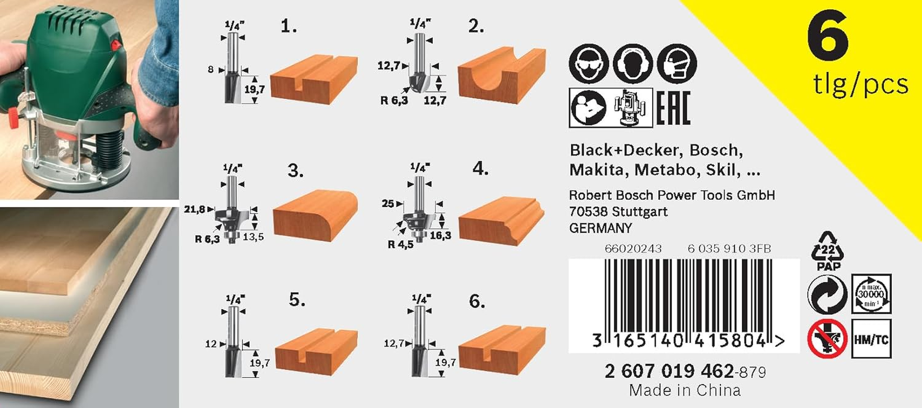 Bosch 6-Piece Hard Metal Router Bit Set (For Wood, Shank &Oslash; 6 Mm, Accessory Routers) image number 6
