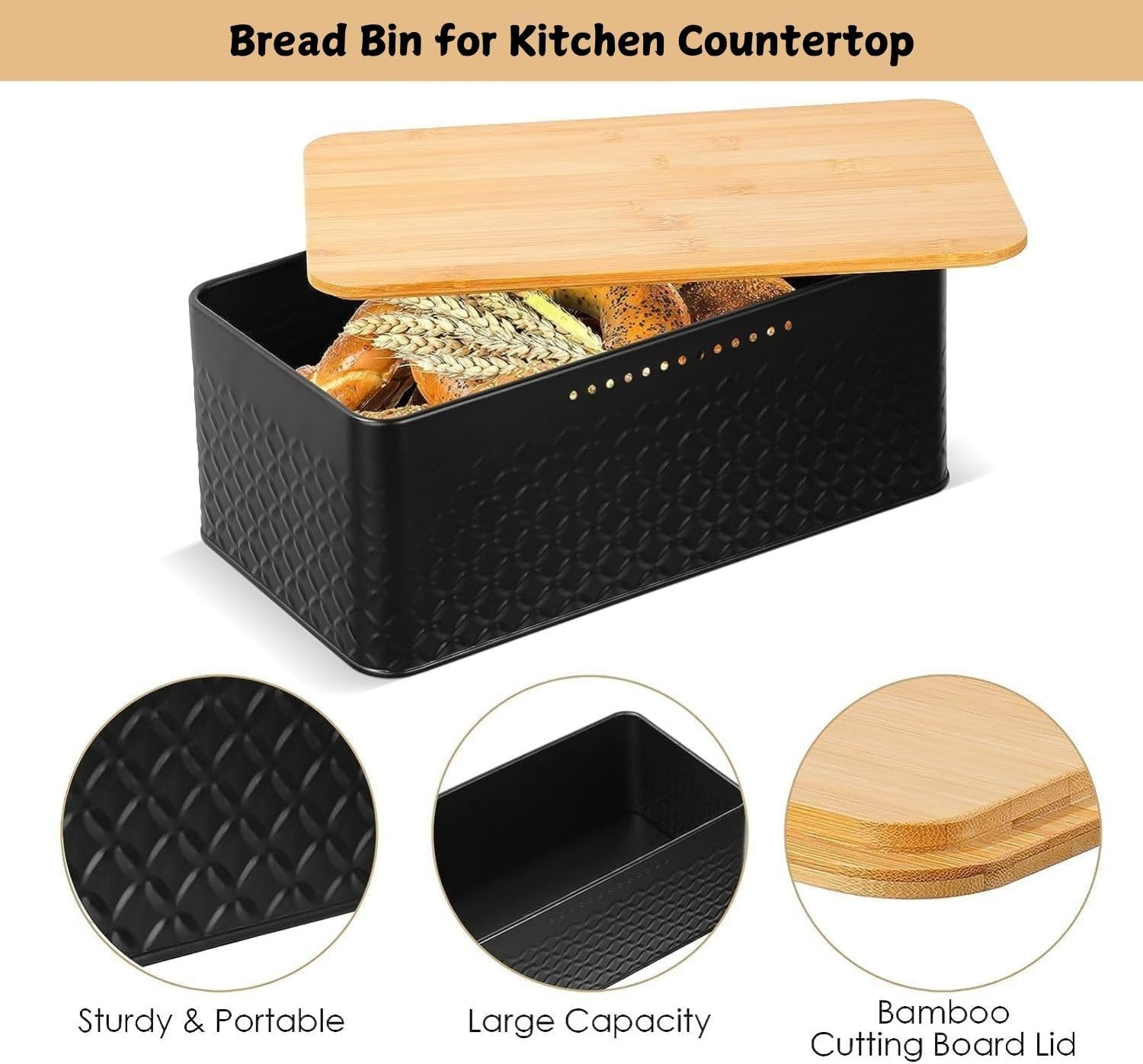 Bread Bin Box Container with Bamboo Lid, Black Bread Storage Box with Bamboo Chopping Board for Kitchen Countertop Storage Organiser (Black) image number 2