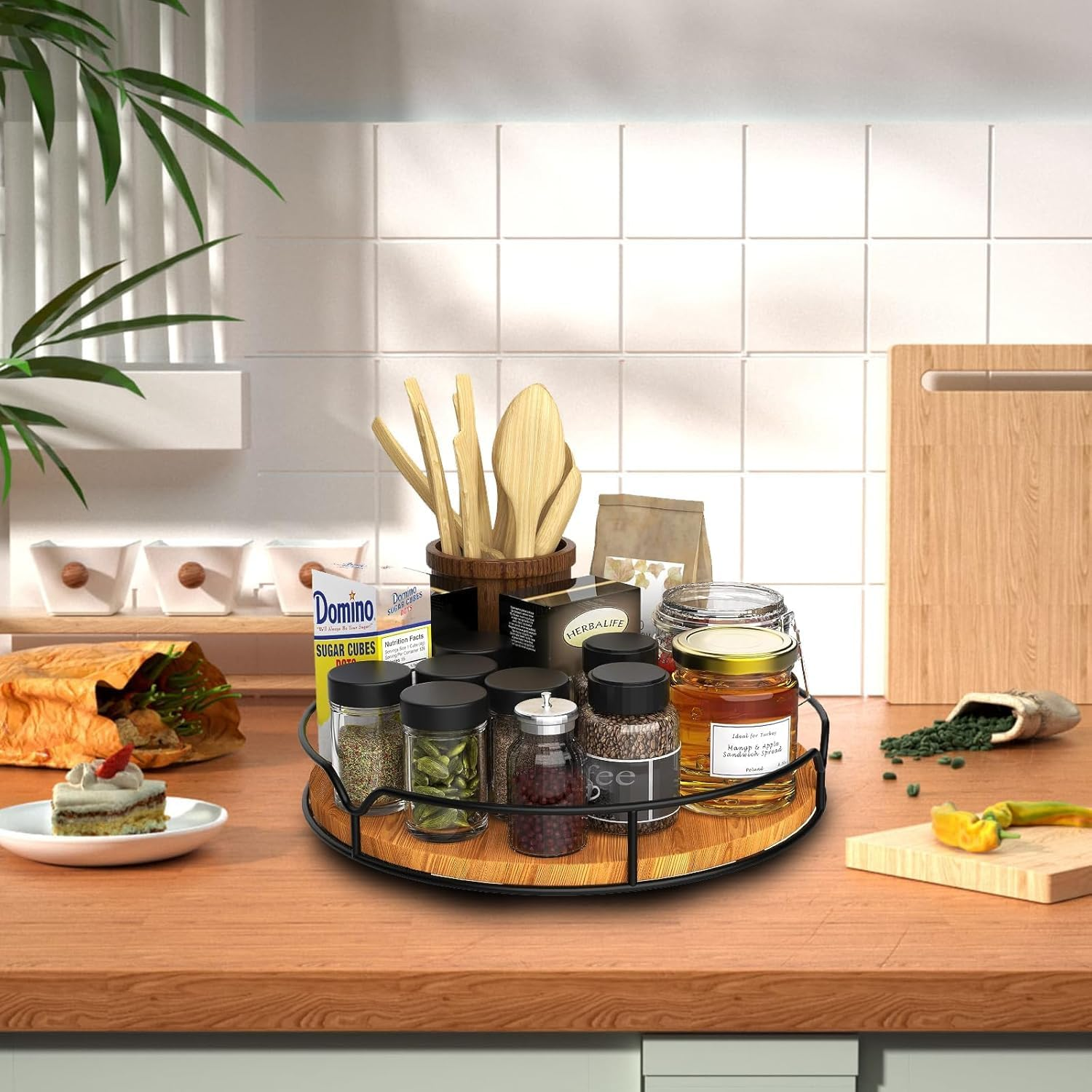 Dxzephious 11.5" Acacia Wood Lazy Susan Turntable, Kitchen Organizer 360 Degree Turntable with Steel Sides, Turntable for Countertop Cabinet or Dining Table,Lazy Susan for Table Top image number 3