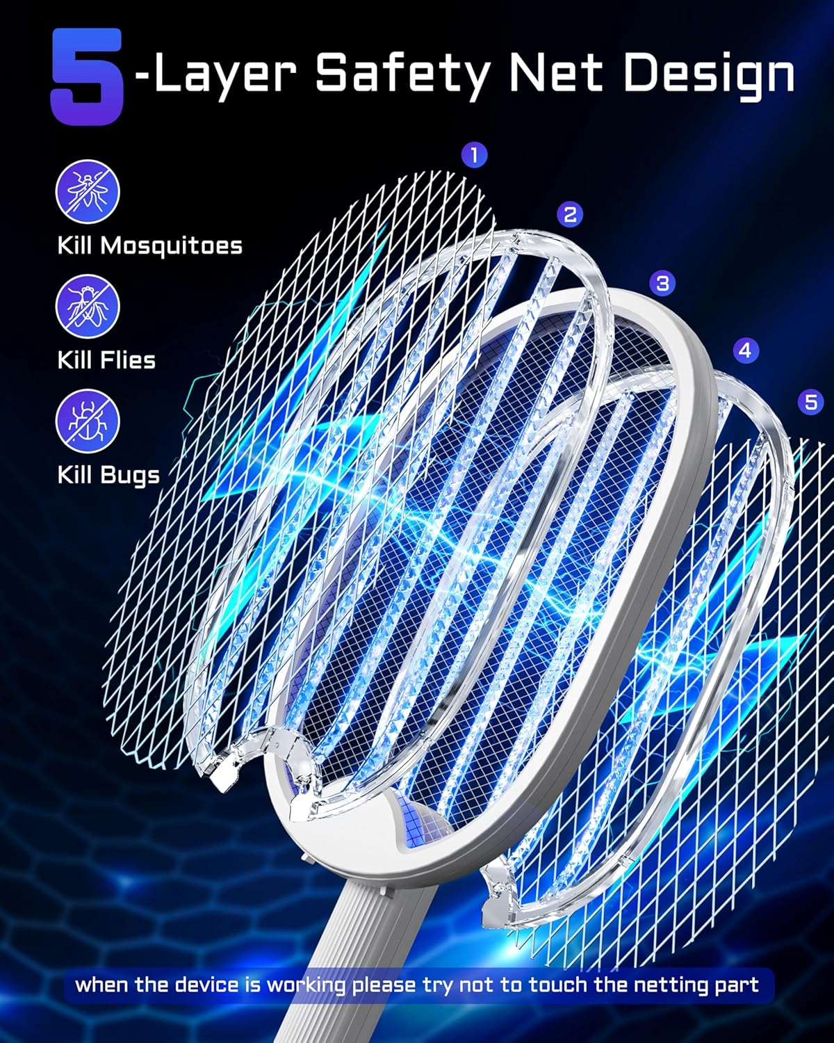 Mosquito Zapper Electric Fly Swatter - 180&deg; Foldable Bug Zapper, Rechargeable Electric Fly Swatter Racket with 3 Layers Safety Mesh, 3000V Electric Fly Trap for Indoor and Outdoor image number 5