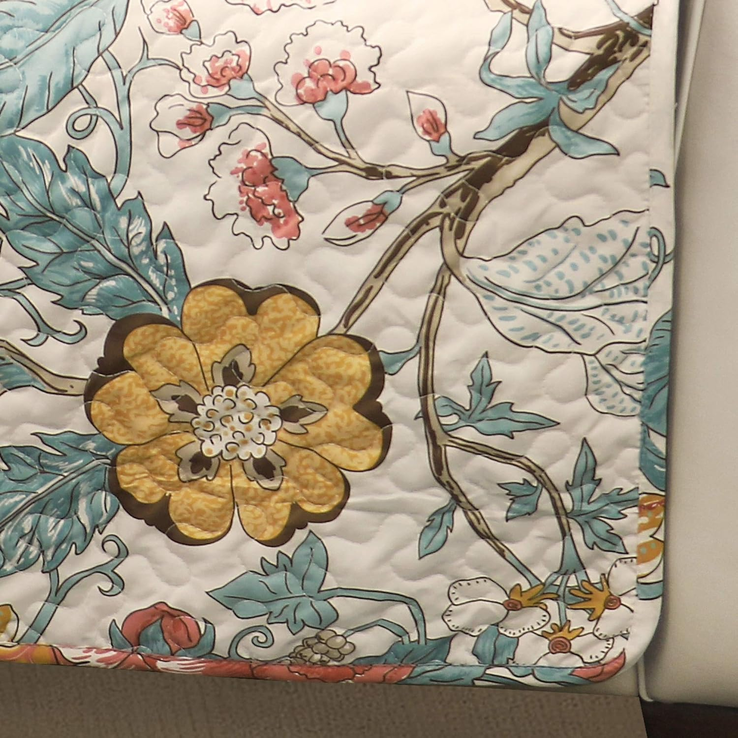 Lush Decor Sydney Furniture Protector, Arm Chair, 71" W X 75" L, Blue & Yellow - Flower Leaf Garden - Quilted Floral Chair Cover - Country Cottage Slipcover - Pet Protector for Chair image number 3