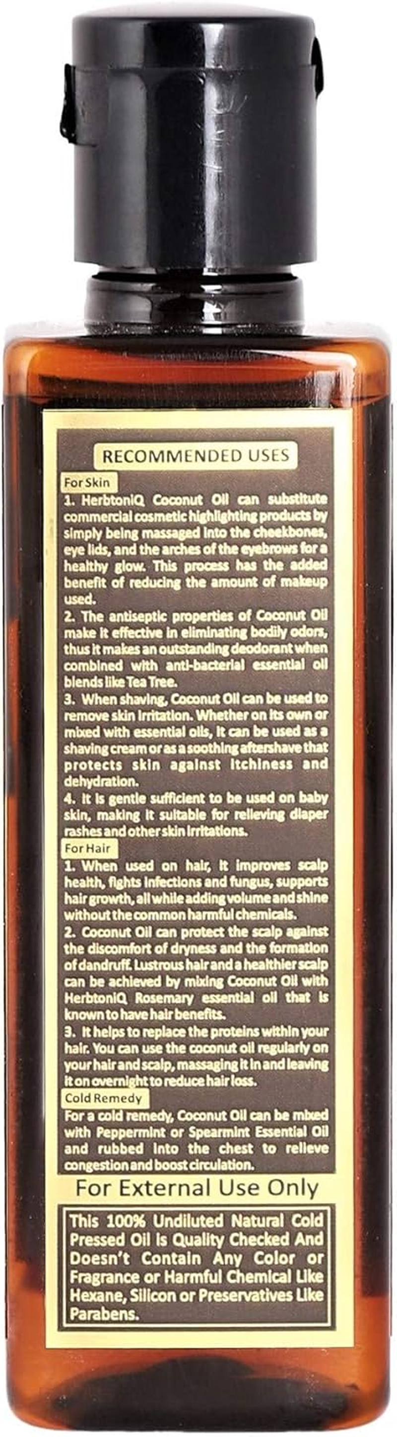 Herbtoniq Organic Extra Virgin Coconut (Cocos Nucifera) Cold Pressed Carrier Oil for Moisturizing, Healing, Dry Skin, Nail, Intensive Hair Care (100Ml, 3.38 Fl Oz)
