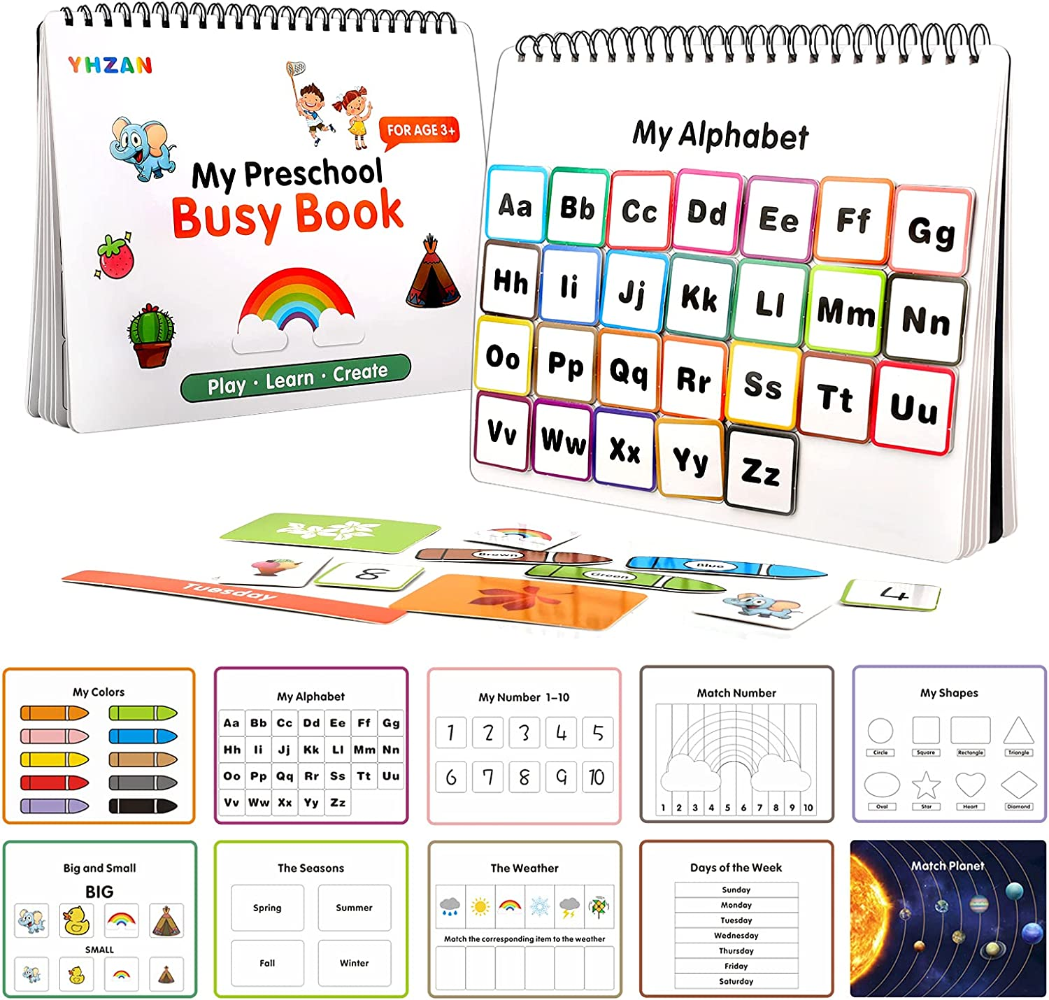 YHZAN Montessori Sensory Toy Preschool Busy Book Toddler Activities 10 Themes for Autism Early Development Aids for Home ABC Shape Color Match Planet Game image number 4