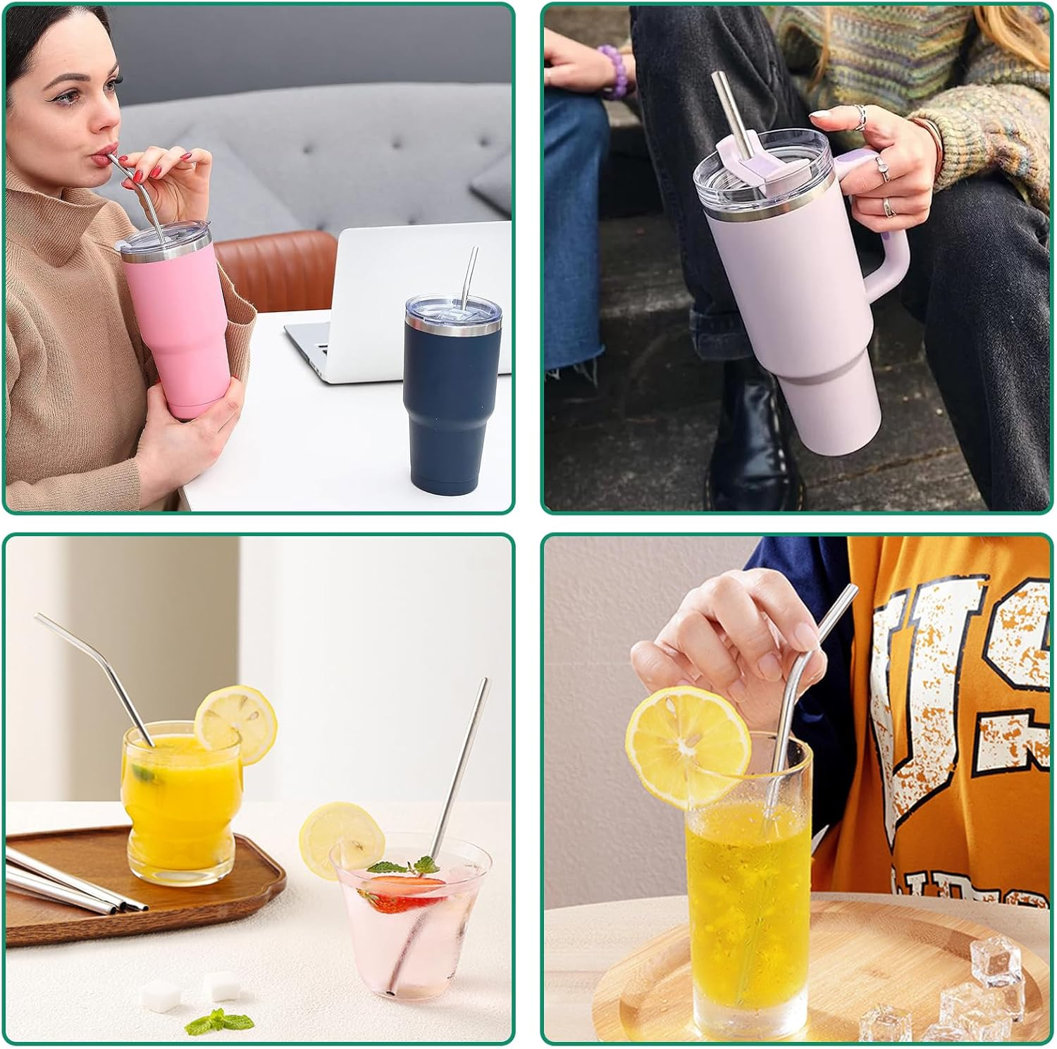 12 Pack 12 Inch Reusable Stainless Steel Straws for 40Oz Tumbler with Cleaning Brush, 5 Straight and 5 Bent Portable Long Drinking Metal Stainless Steel Straws for Travel image number 4