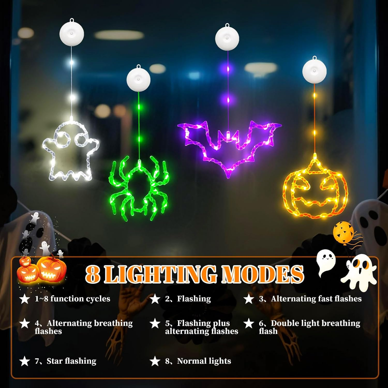 Halloween Decorative Fairy Lights, Pack of 4 Halloween Pumpkin Bat Spider Ghost Fairy Lights Battery with 6H Timer, 8 Light Modes, Window Lights with Suction Cup for Window Decoration (A)