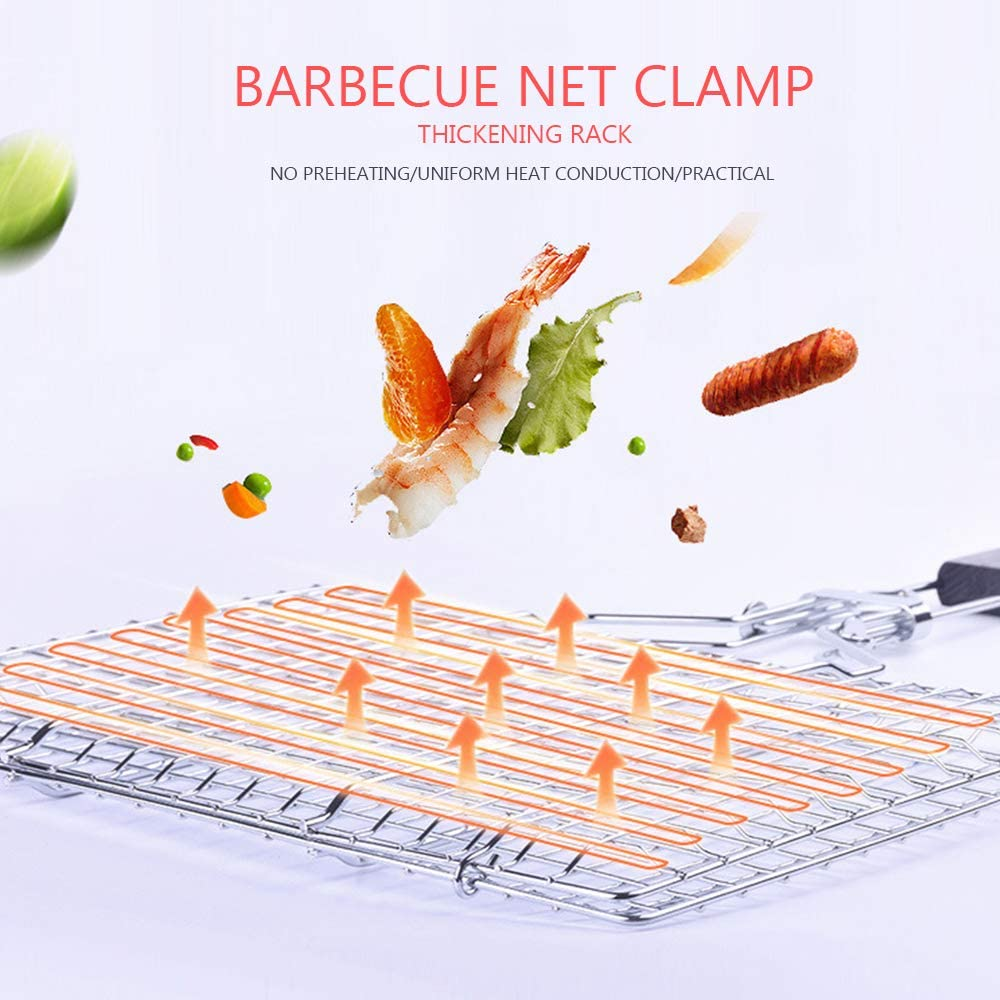 Barbecue Grill Basket, Foldable Non Stick Stainless Steel Wire Mesh Net Clip, Portable BBQ Grill Tool with Handle for Fish Vegetables Meat Steak Shrimp Chops image number 3