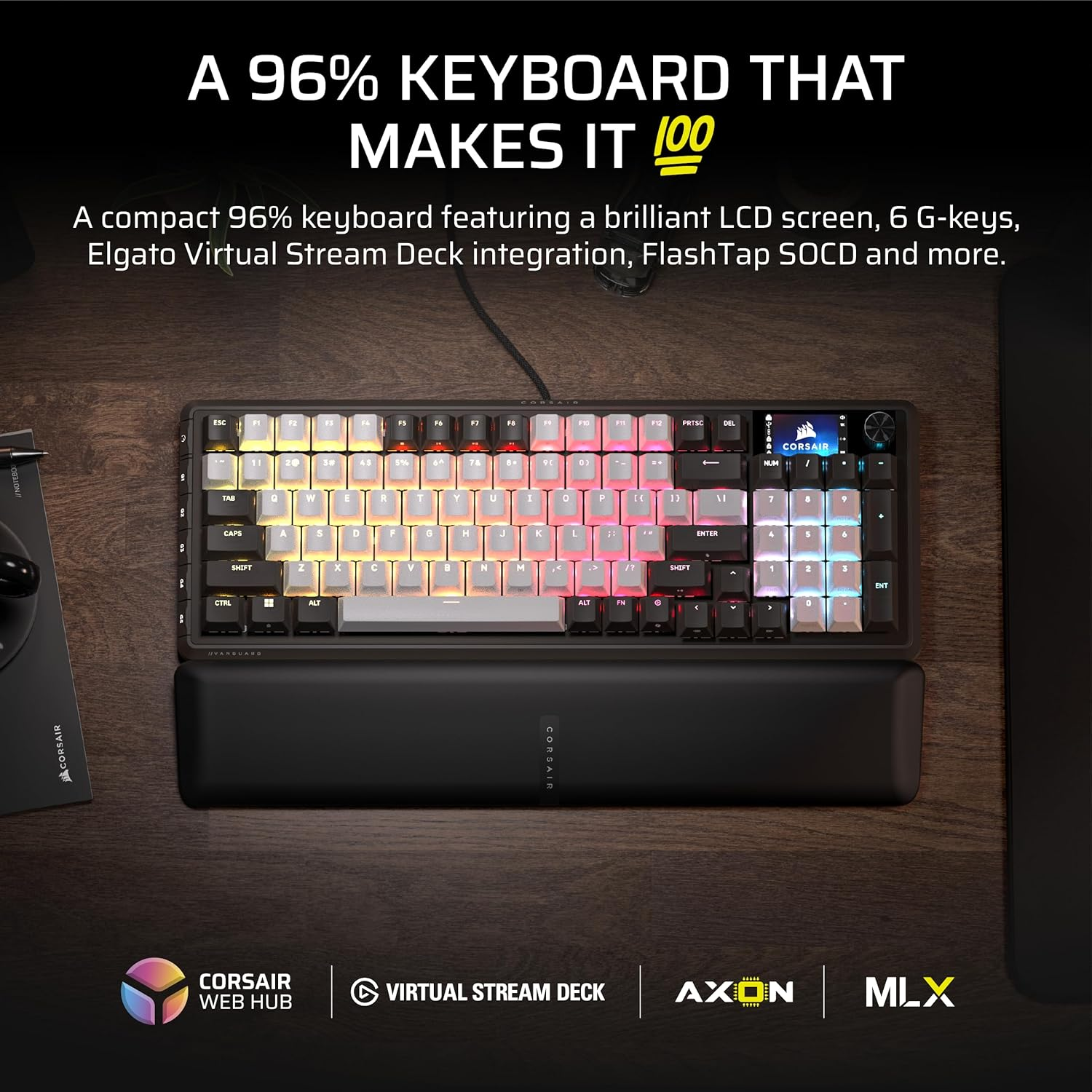 CORSAIR Vanguard 96 Wired Mechanical Gaming Keyboard &ndash; 96% Layout, MLX Pulse Linear Switches, 8000Hz Polling, LCD Display, Virtual Stream Deck, G-Keys, SOCD Flashtap, QWERTY US &ndash; Black and White image number 2