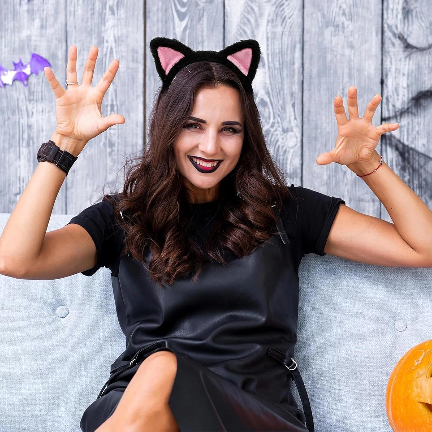 Dinghaole 2 Pcs Cat Ears Headbands, Cute Cat Ears Headband Animal Ears Hair Accessories, Ears Headbands with Pink Inner Ear Cute Hair Accessories for Halloween Cosplay Makeup Spa Yoga Photo Props image number 3