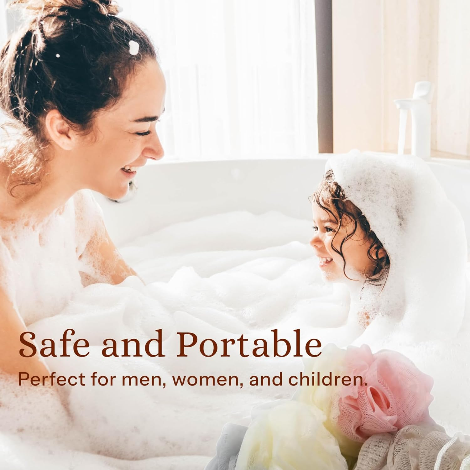 Fortuneglobe 4-Pack Colorful Bath Poufs | Gentle Exfoliating Mesh Sponges for Body & Skin | Family Shower Essentials for Adults & Kids image number 5