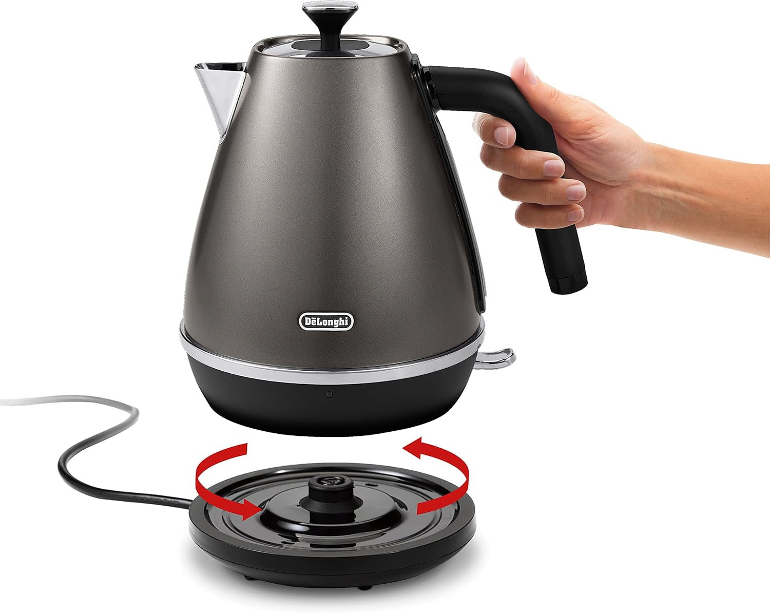 De'Longhi Distinta Titanium KBIN2001.TB, Electric Kettle, 360&deg; Swivel Base, Water Level Indicator, Cord Storage, Anti-Scale Filter, Detachable Lid, 1.7 L, 2000W, Titanium Black