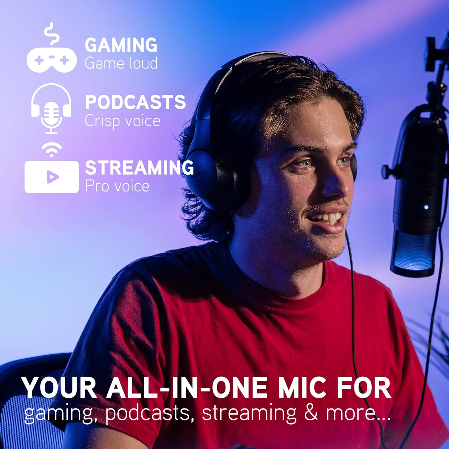 Blueant Stream X USB Microphone, Broadcast Quality Condenser Mic with Real-Time Monitoring, Plug-And-Play USB-C, Adjustable Stand for Streaming, Podcasting, Gaming & Calls, LED Lighting image number 5