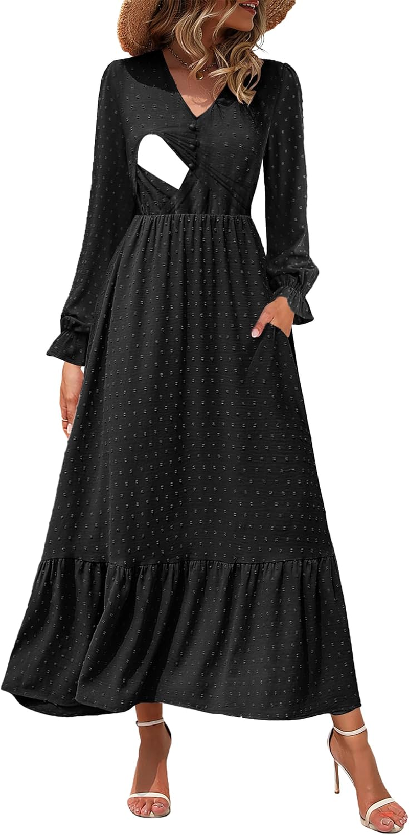 Women Nursing Boho Maxi Dress 2024 V Neck Swiss Dot Smocked High Waisted A-Line Ruffle Tiered Long Dress with Pockets