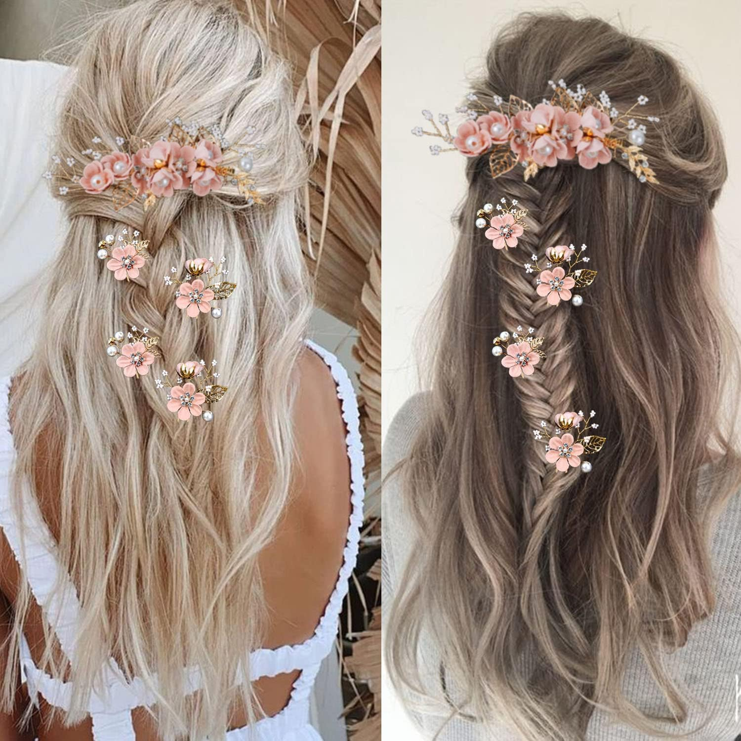 Floral Hair Accessories for Wedding, 5PCS Gold-Toned Crystal Pearl Hair Comb Slides Bridal Hair Pins with 3 Shapes SZTTY image number 1