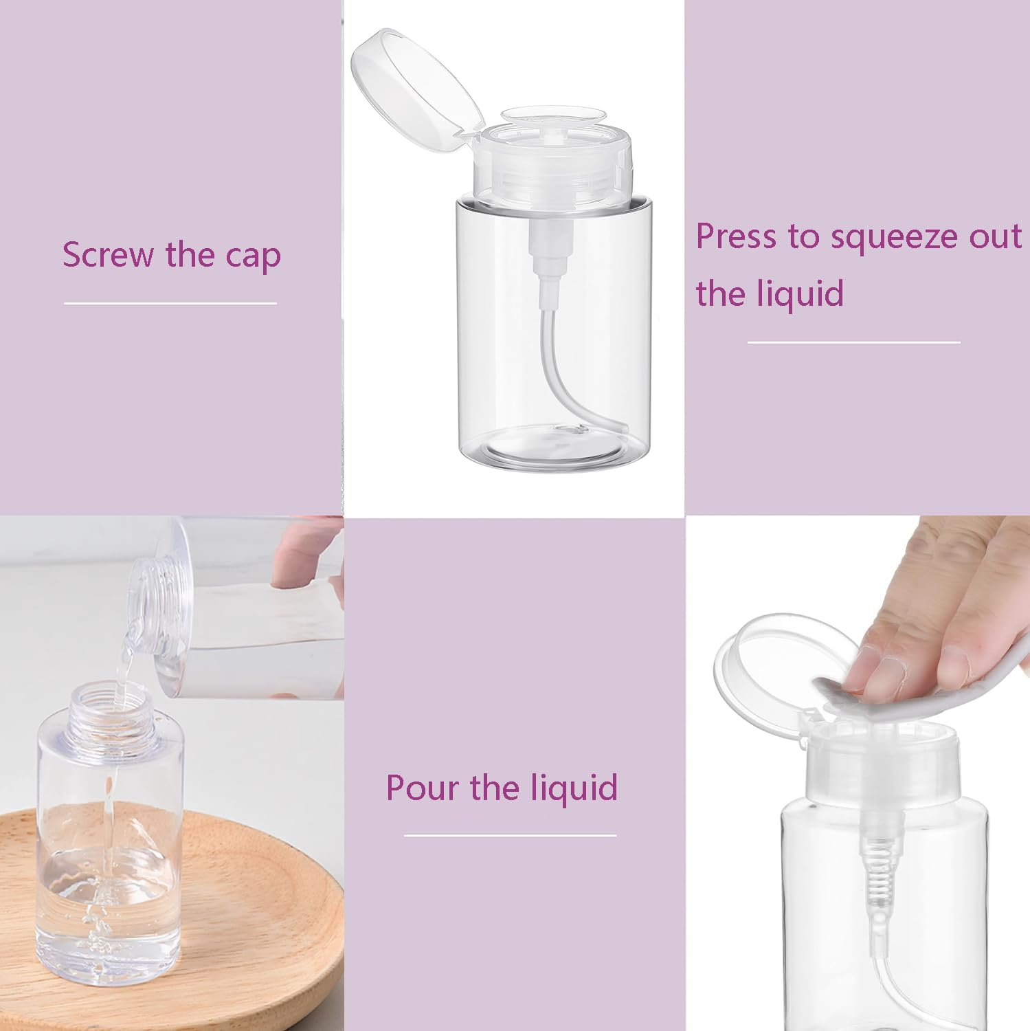 Push down Pump Dispenser 3Pack Nail Polish Remover Pump Bottles Alcohol Acetone Dispenser Clear Empty Pump Dispenser for Makeup Remover Travel Bottles with Stickers image number 6