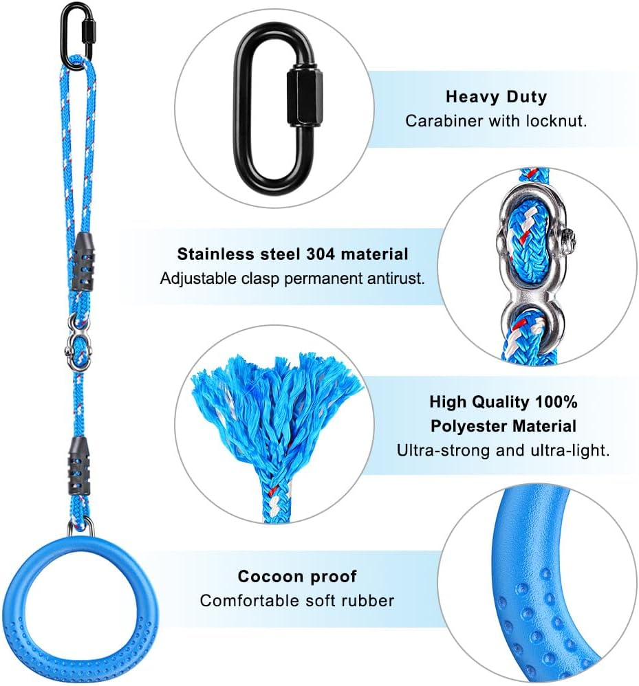 Dolibest Non-Slip Gymnastics Rings Kids Monkey Bars Swing Trapeze Bar with Adjustable Straps (41.7Inch) Home Fitness Full Body Workout Ninja Warrior Obstacle Course Blue (2Pack） image number 4