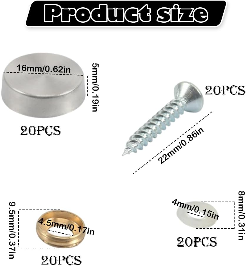 20Pcs Chrome Screw Cover Caps, Decorative Dome Caps for Mirror Screws, Furniture & Fixtures, Secure Clip-On Design (Silver, 10Mm)