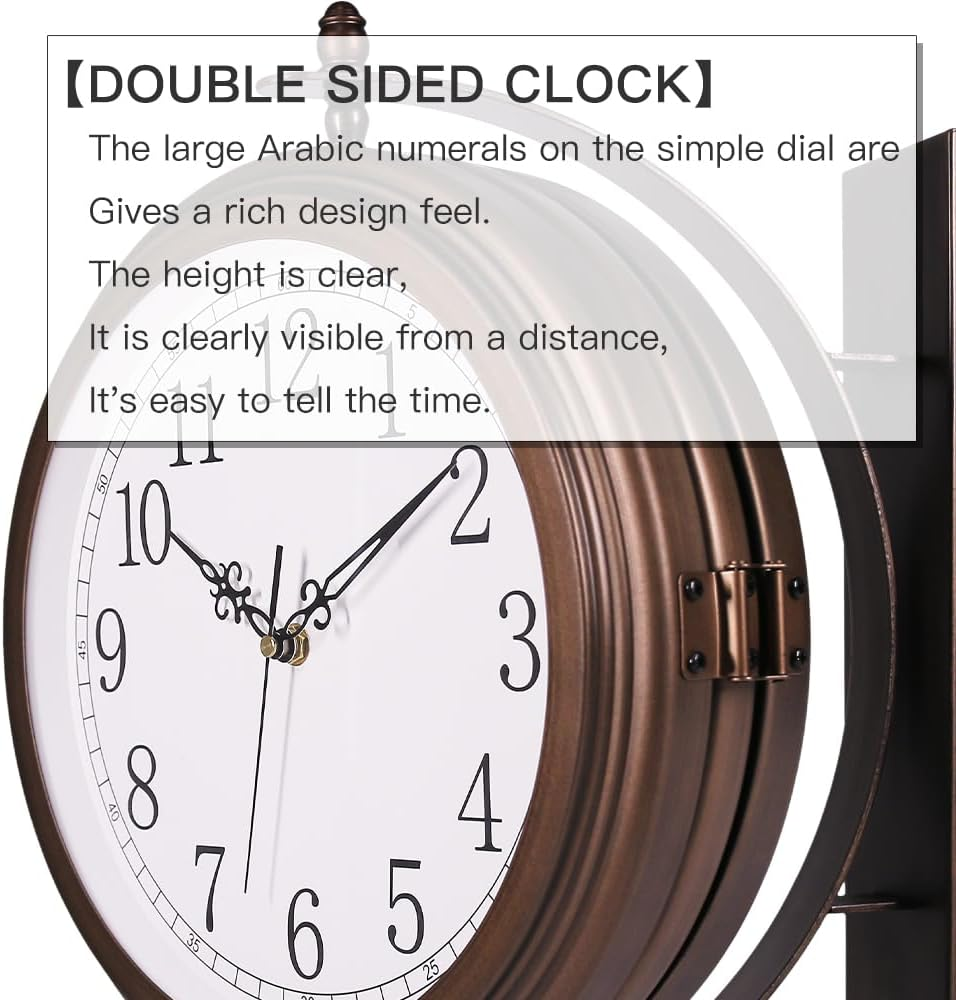 BESTIME 66264A 16-Inch Double Sided Metal Wall Clock with Antique Red Copper.Sturdy Frame,Easy Read,Garden,Home D&eacute;cor,Indoor,Outdoor,Farmhouse,Yard,Station,Office,Photography Props. - Wood Grain Color image number 5