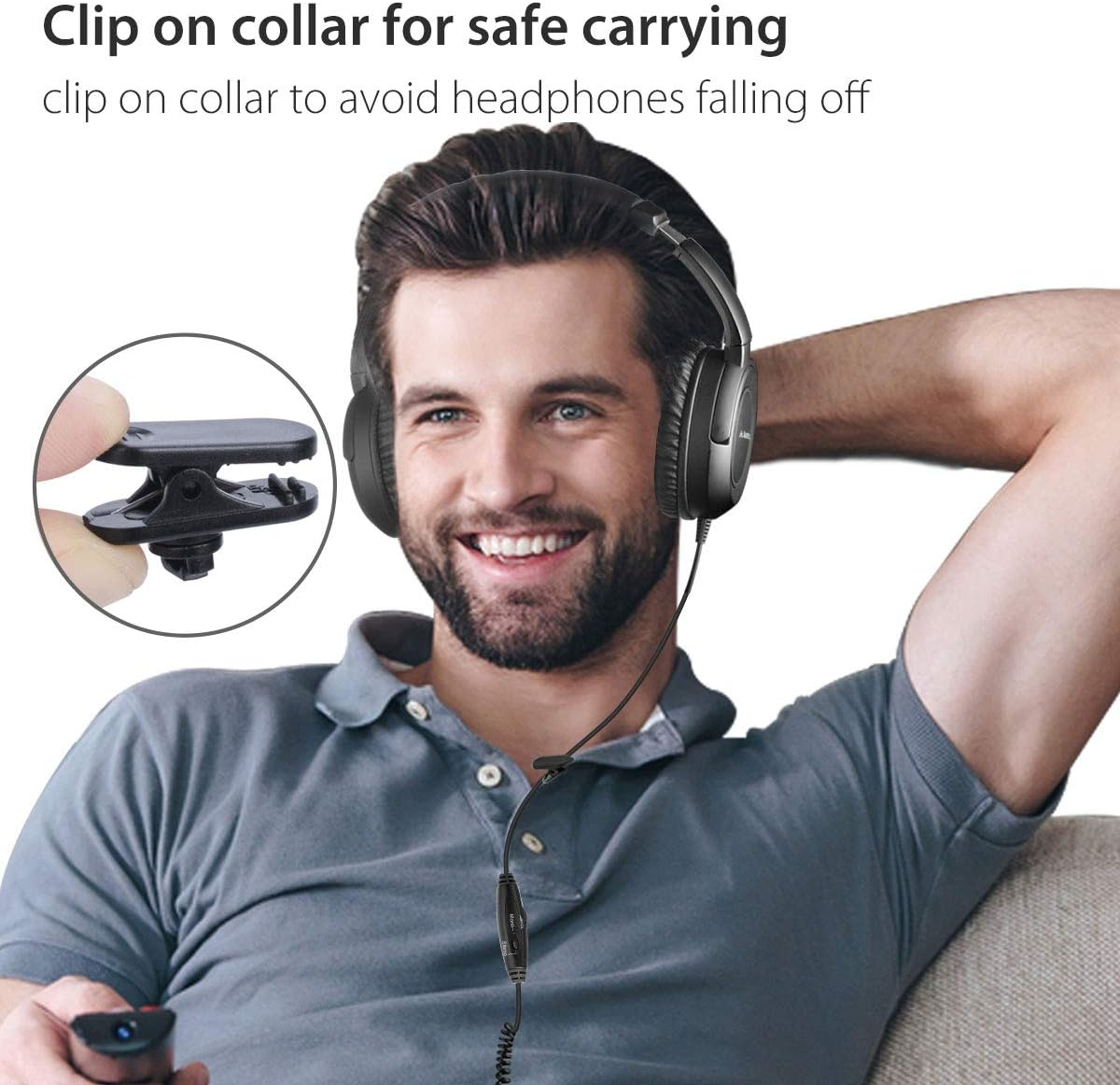 Avantree HF039 Long Coiled Cord Headphones for TV and PC with Volume Control, 16.4 Feet / 5M Extended Range Cable, 3.5Mm AUX Audio, Stereo Sound Spiral Wired over Ear Headphones image number 6